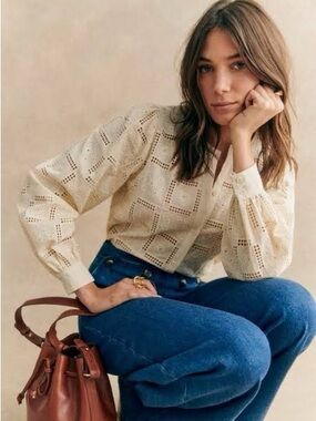 Sezane Ivory Eyelet Button-Front Blouse